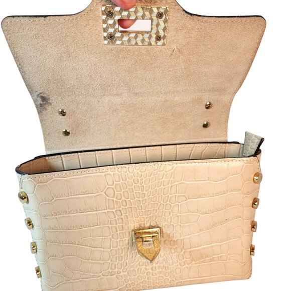 German Fuentes Off-White Croc Embossed Leather Handbag Gold Chain Made in Italy - Picture 11 of 12